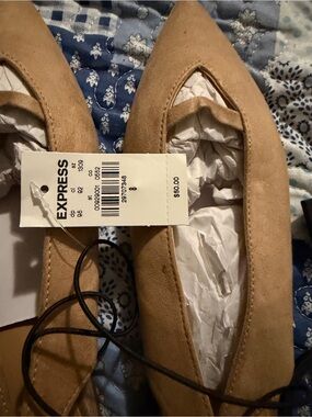 Express Tan Pointed Toe Lace-Up Flats